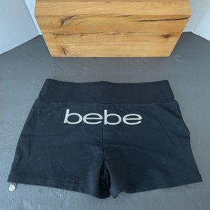 New BEBE Rhinestone Logo Black Shorts Drawstring Size XS  Zippers On Sides